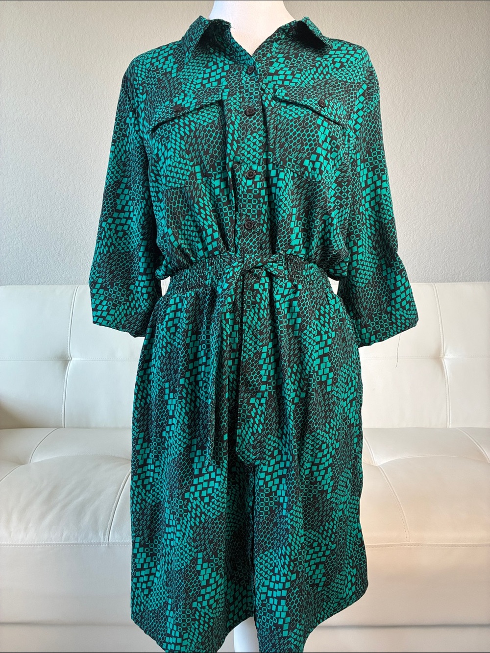 Millenium Teal & Black Printed Midi Shirt Dress with Self-Tie Waist
